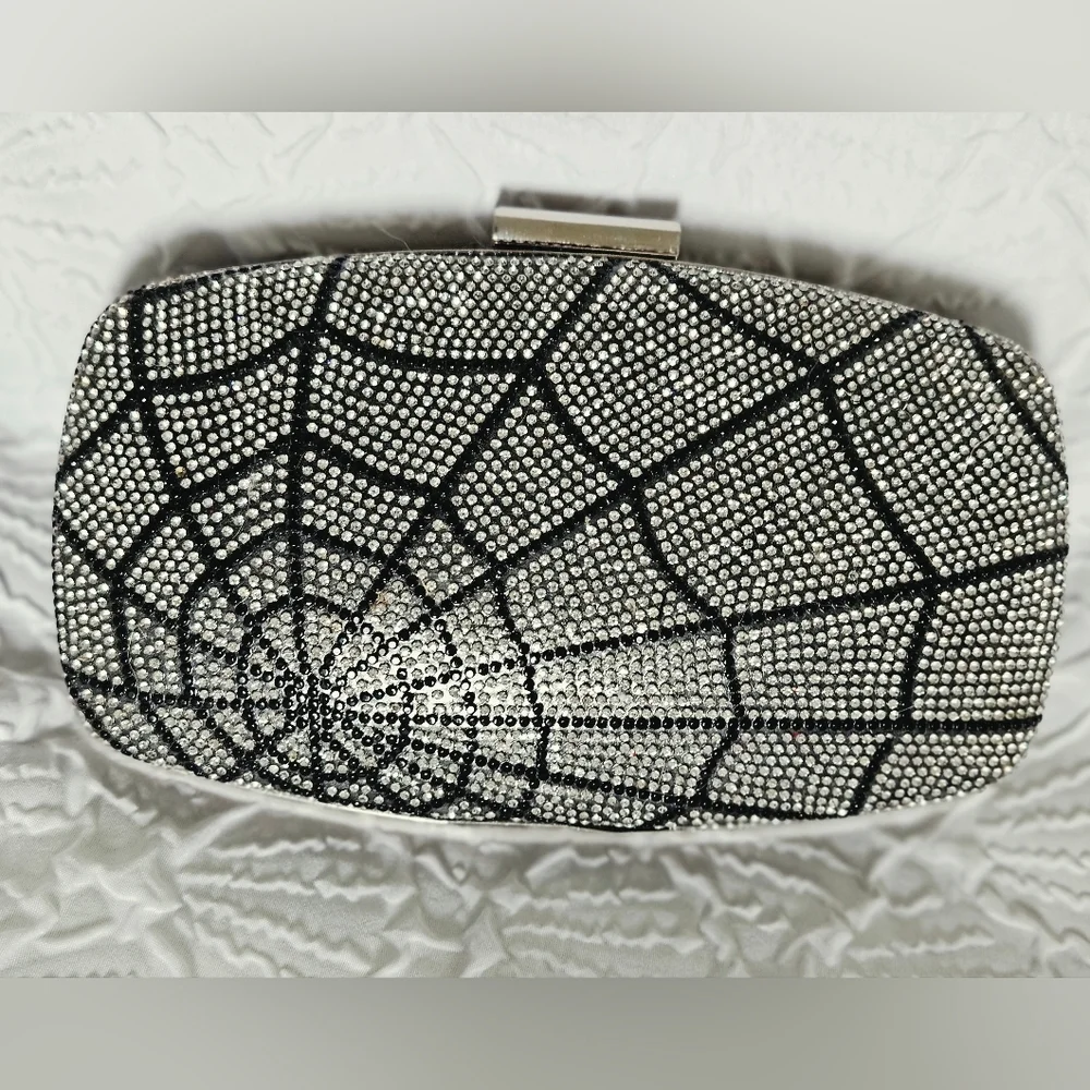 NWOT Goth Glam Rhinestone Spiderweb Hardcase Evening Clutch Black Satin Back